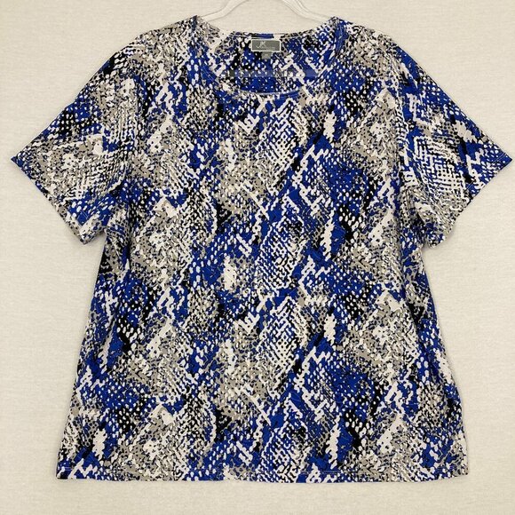 JM Collection Blue Gray Animal Print Stretch Knit Short Sleeve Top 2X Comfy - Picture 1 of 9